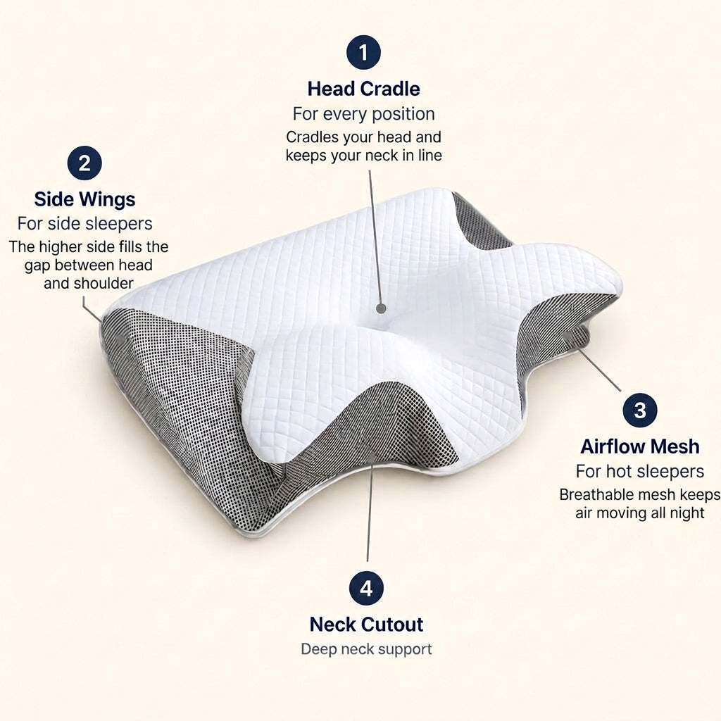 SleepOra pillow annotated diagram with feature callouts
