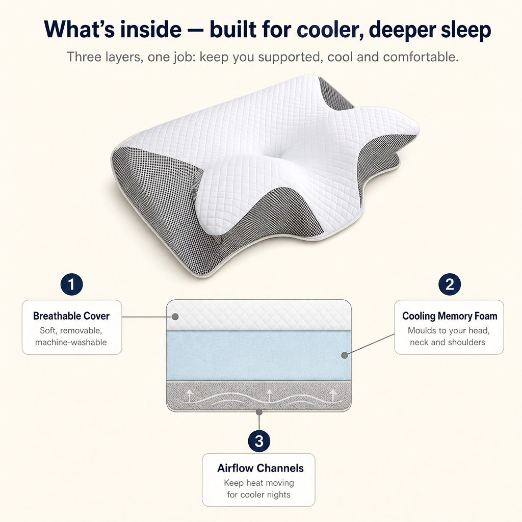 SleepOra pillow internal materials and layers